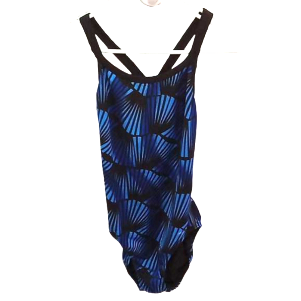 (48)  DOLFIN BLACK AND SHADES OF BLUE RACER BACK ONE PIECE BATHINGSUIT